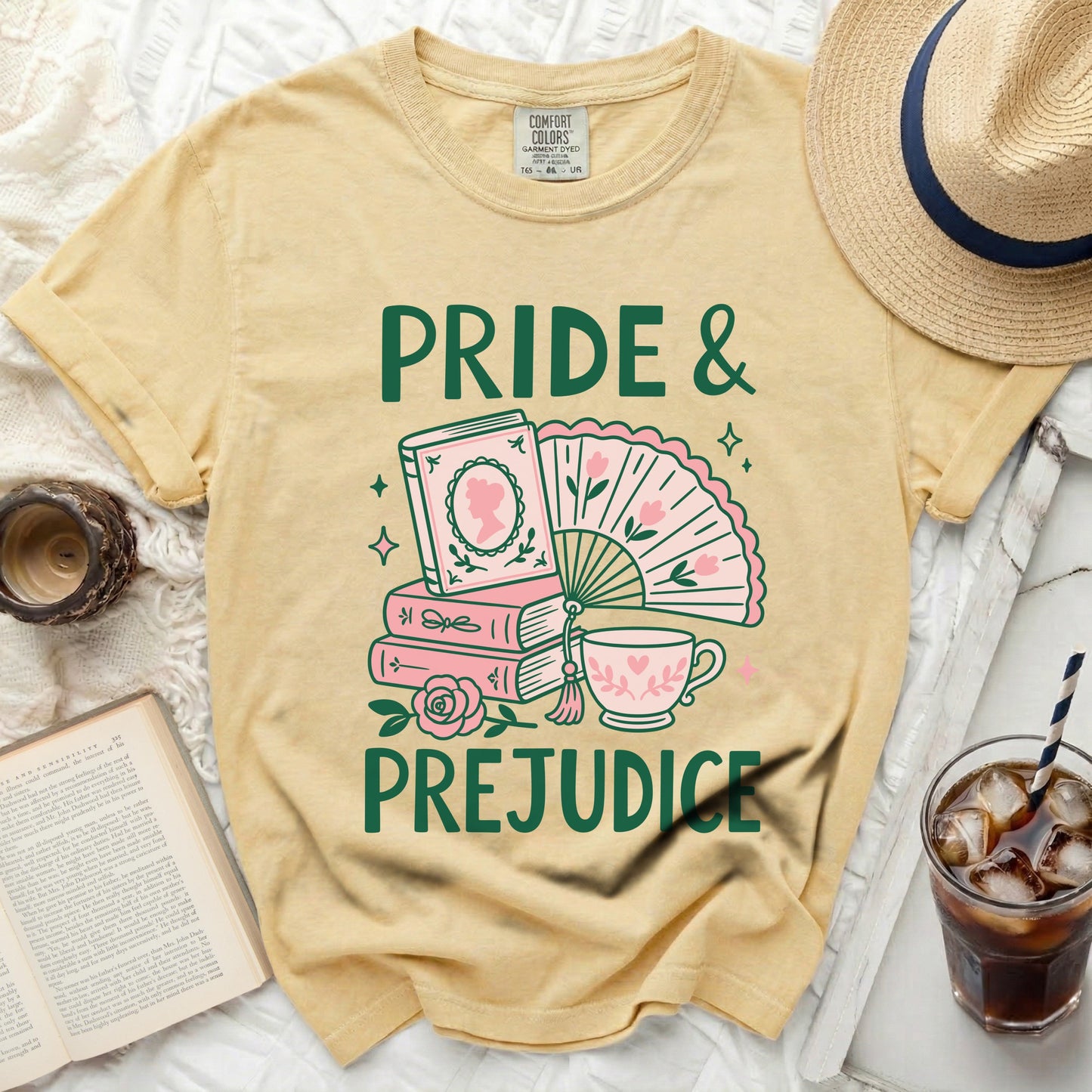 Yellow comfort colors t-shirt with "Pride & Prejudice" book design.