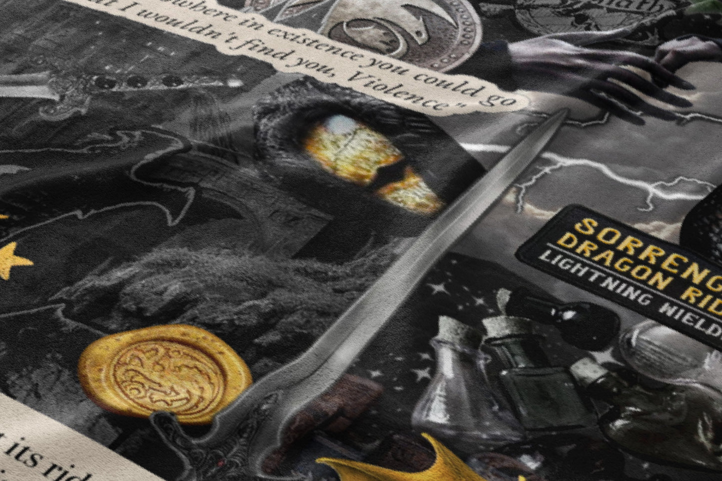 Dark fantasy design with a dragon's eye, sword, runes, and potion bottles.