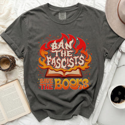 Gray t-shirt with "Ban the Fascists Save the Books" graphic.