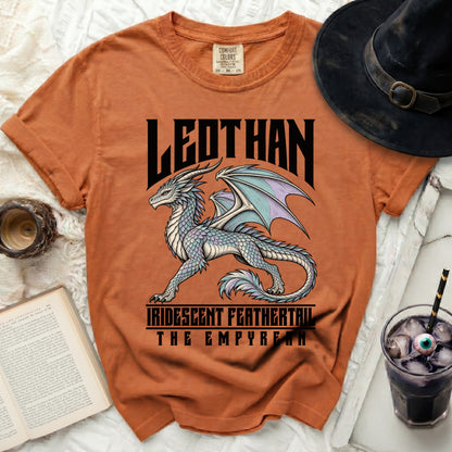 Orange t-shirt with a detailed dragon design and "LEDTHAN" text.