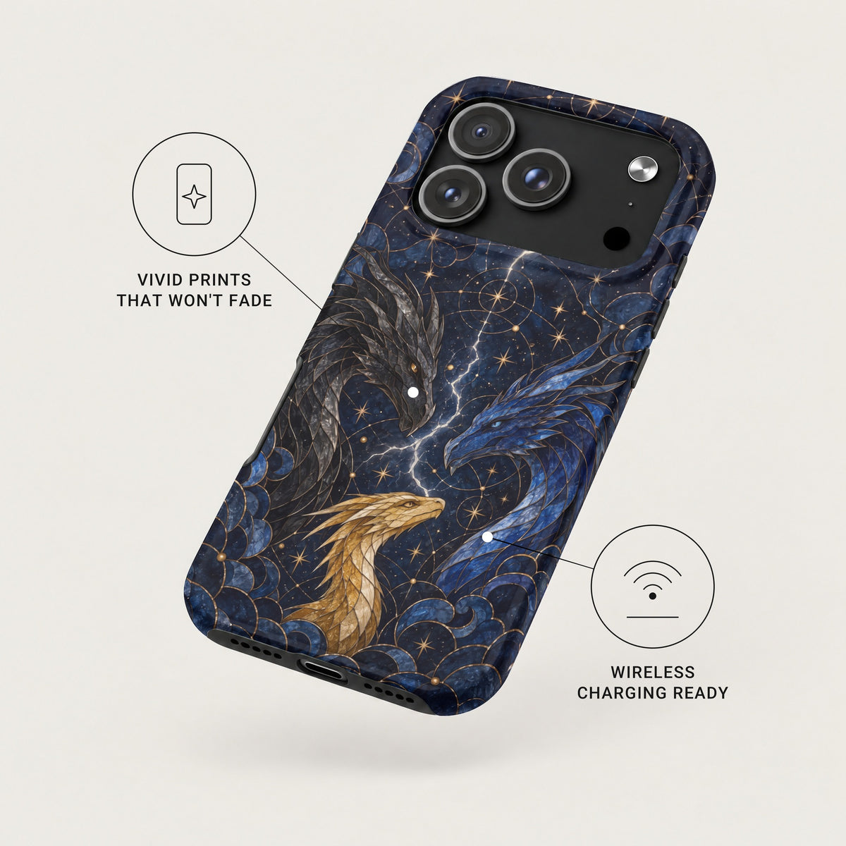Black, blue, and gold dragons against a night sky on a protective phone case with wireless charging capability.