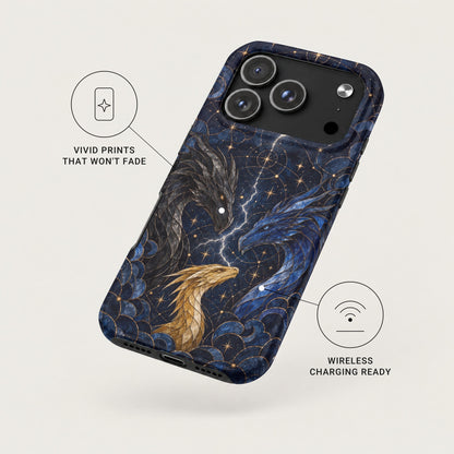 Black, blue, and gold dragons against a night sky on a protective phone case with wireless charging capability.