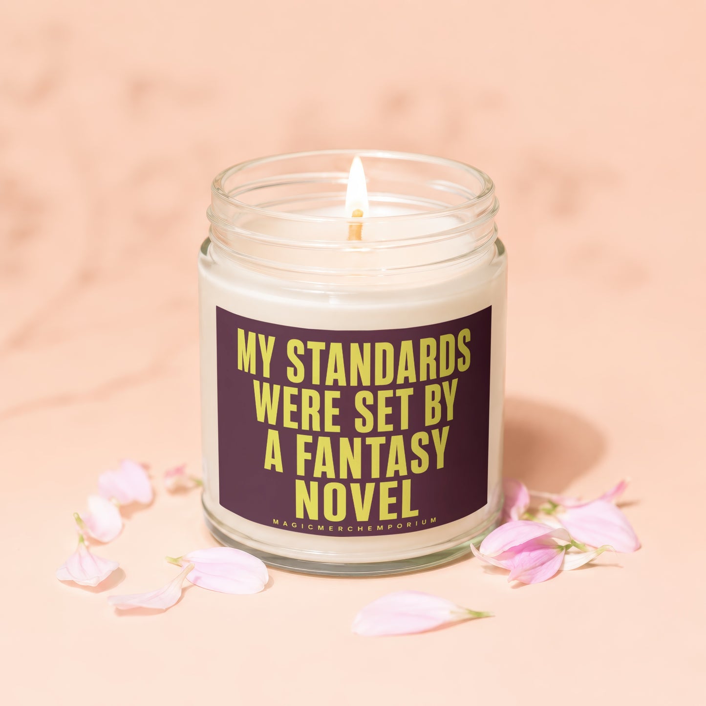 Candle with text "My standards were set by a fantasy novel".