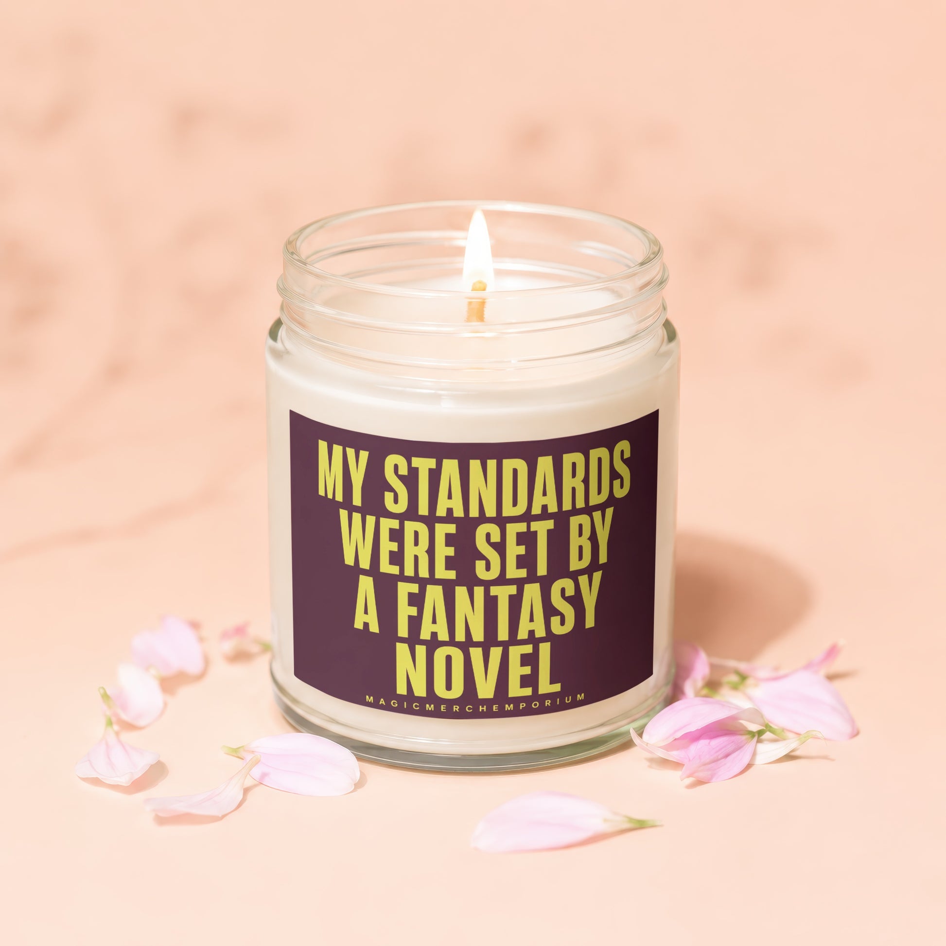 Candle with text "My standards were set by a fantasy novel".