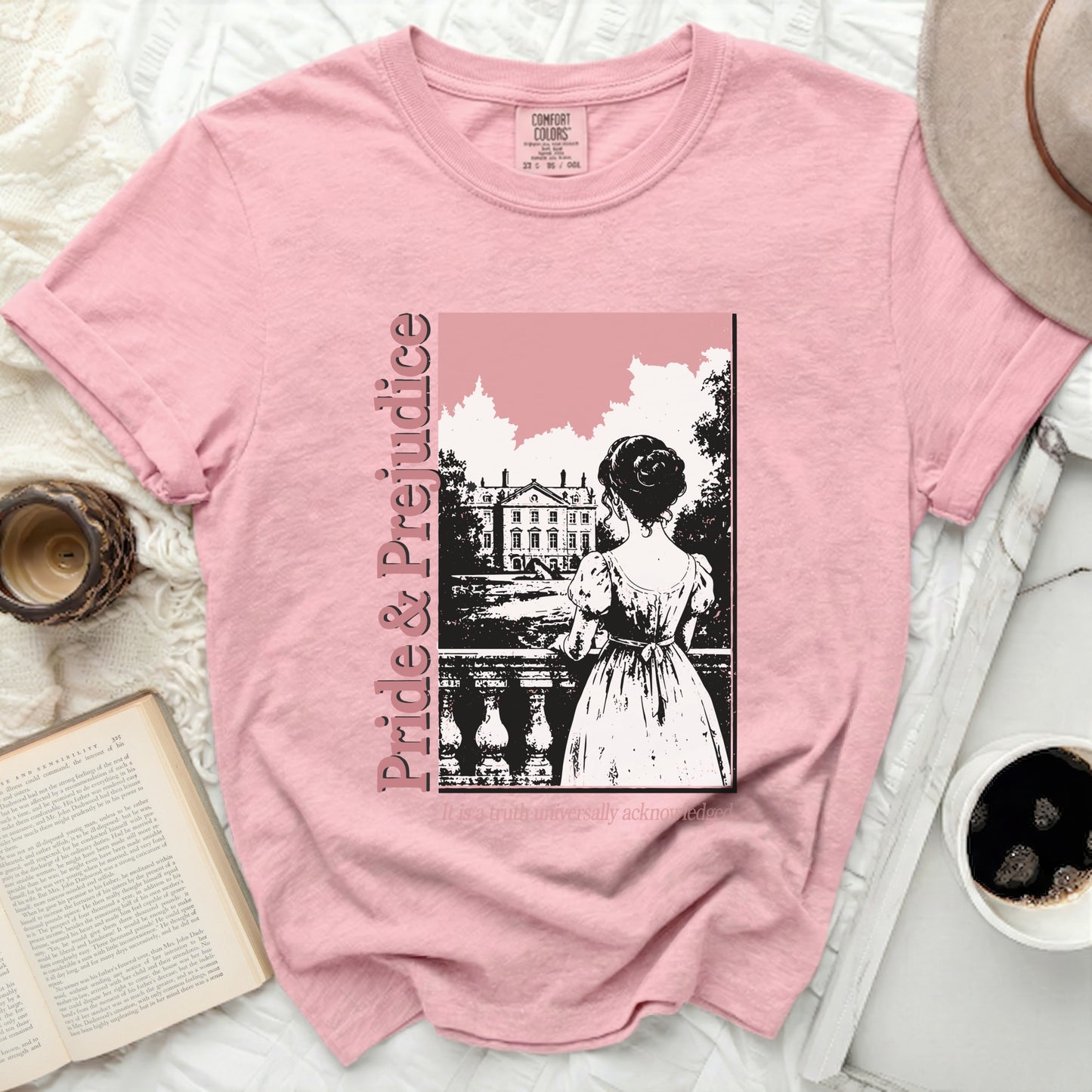 Pink t-shirt with Pride and Prejudice graphic and quote.