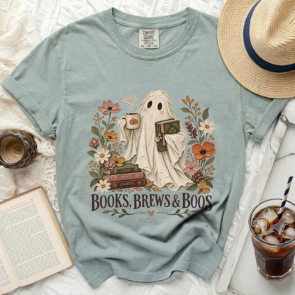 Ghost holding coffee and book surrounded by flowers, text "Books, Brews & Boos".