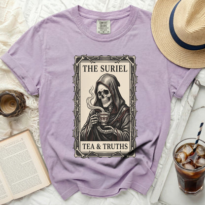 Purple Comfort Colors t-shirt featuring grim reaper drinking tea with text "THE SURIEL TEA & TRUTHS".
