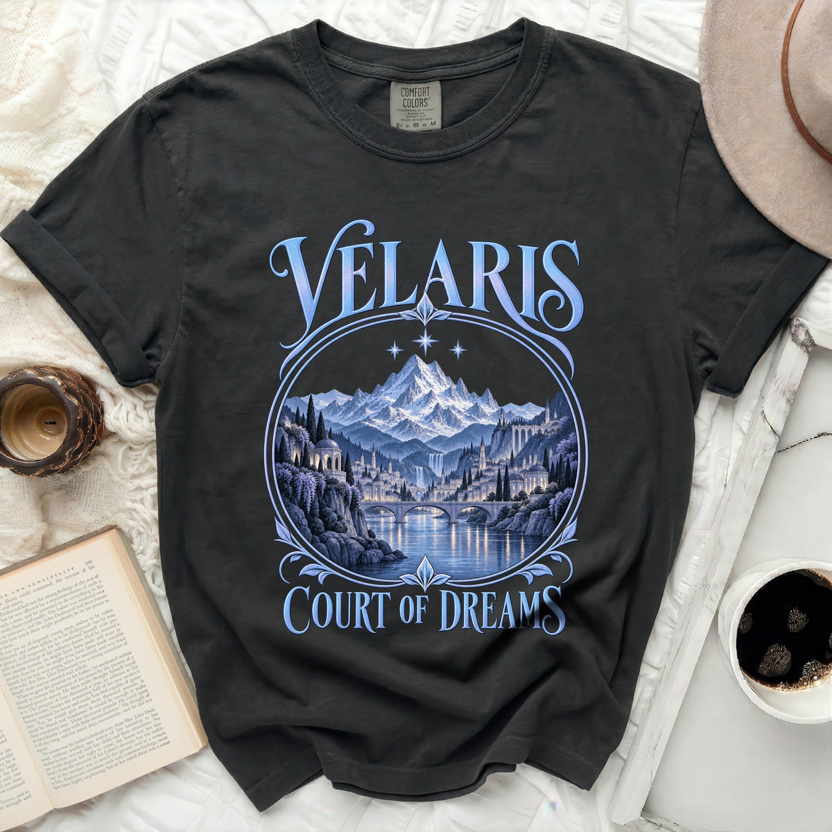 Black t-shirt with "Velaris Court of Dreams" text and a fantasy city scene.