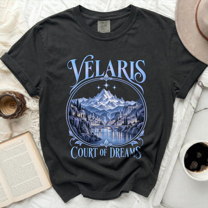 Black t-shirt with "Velaris Court of Dreams" text and a fantasy city scene.