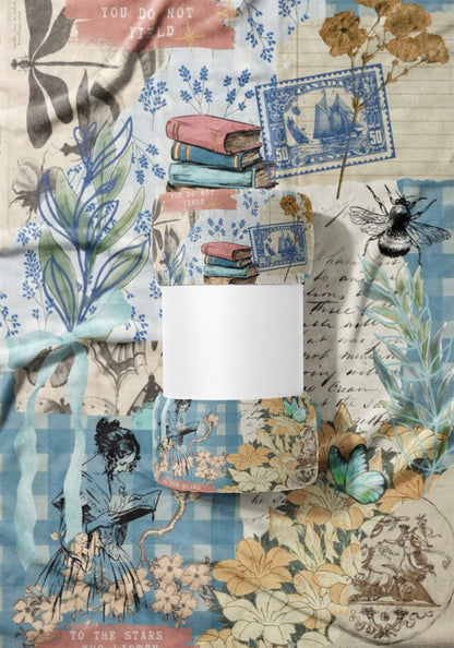 Vintage collage fabric with books, dragonflies, stamps, and script, featuring text.