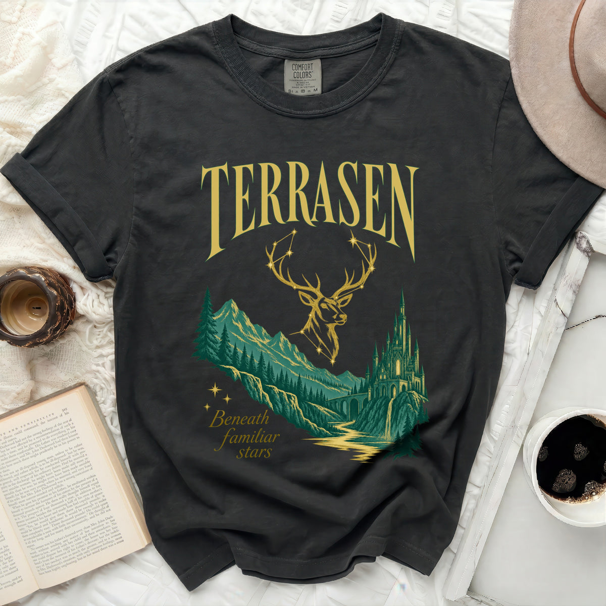Dark gray t-shirt with "TERRASEN" above a stag, castle, and mountains.