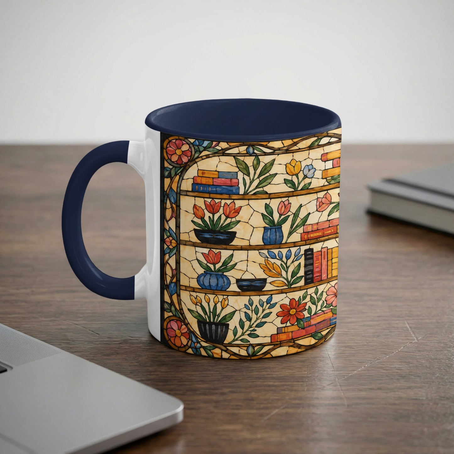 Mug with a stained glass bookshelf design and navy handle.