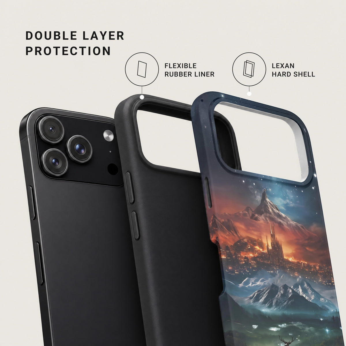 Diagram showing double layer phone case construction with flexible rubber liner and hard shell.