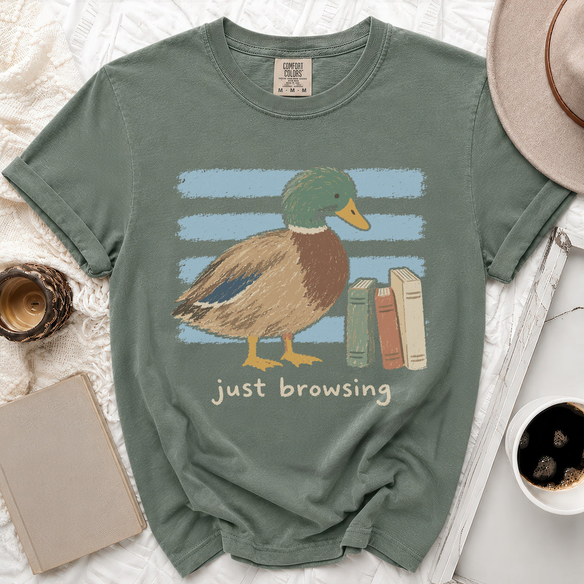Green t-shirt with mallard duck graphic and text "just browsing".