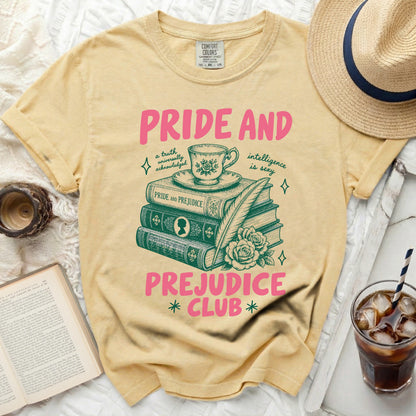 Yellow graphic tee with "Pride and Prejudice Club" text.