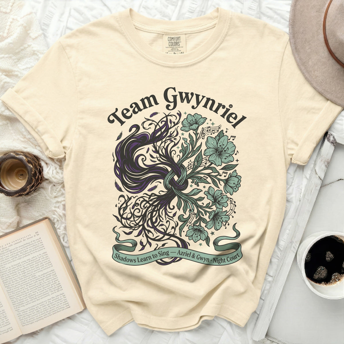 Cream t-shirt with "Team Gwynriel" and floral design.