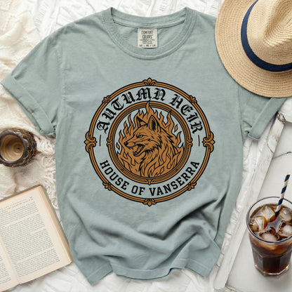 Teal t-shirt with "Autumn Heir House of Vanserra" text and a wolf design.