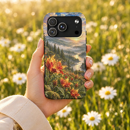 Hand holding a smartphone featuring a nature landscape phone case with orange lilies and a river.