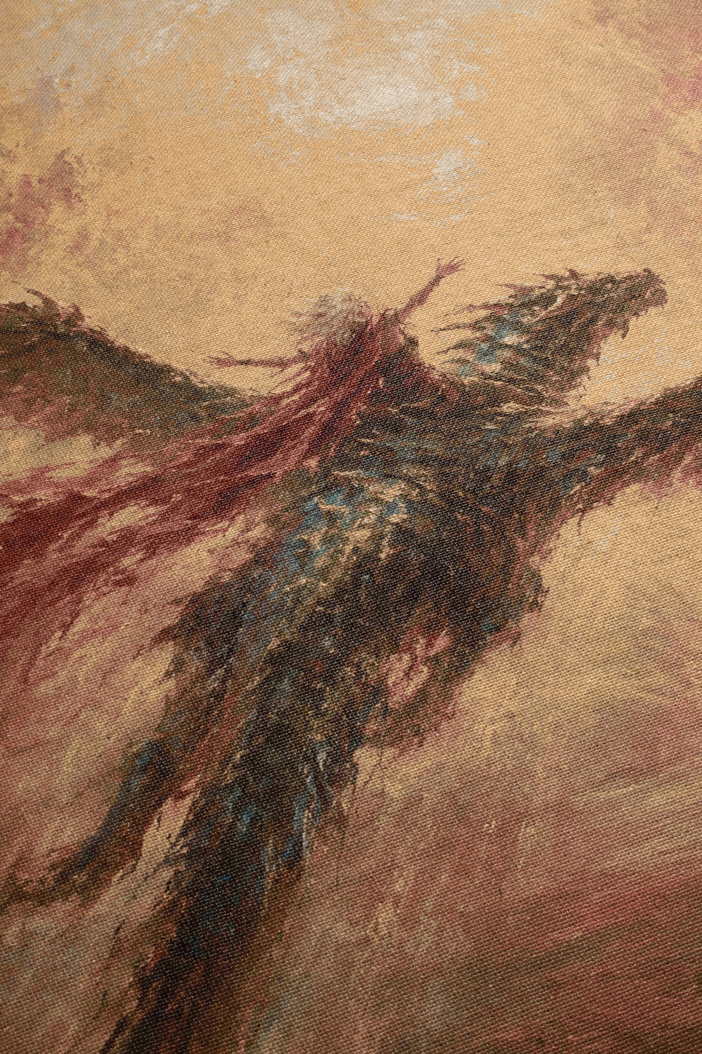 The image is an abstract painting featuring a large, dark dragon-like creature with flowing, red and blue hues against a warm, golden background.