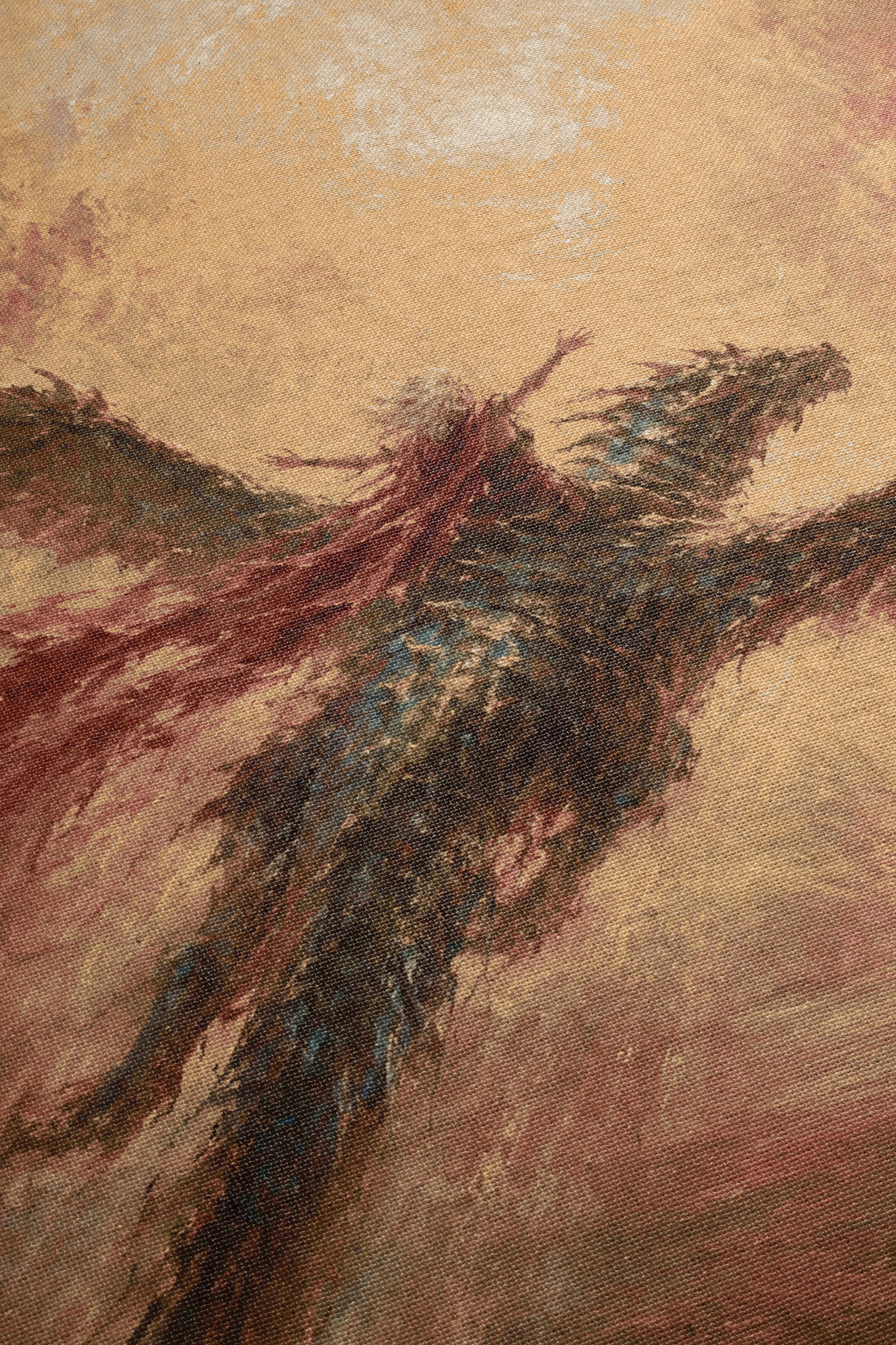 The image is an abstract painting featuring a large, dark dragon-like creature with flowing, red and blue hues against a warm, golden background.