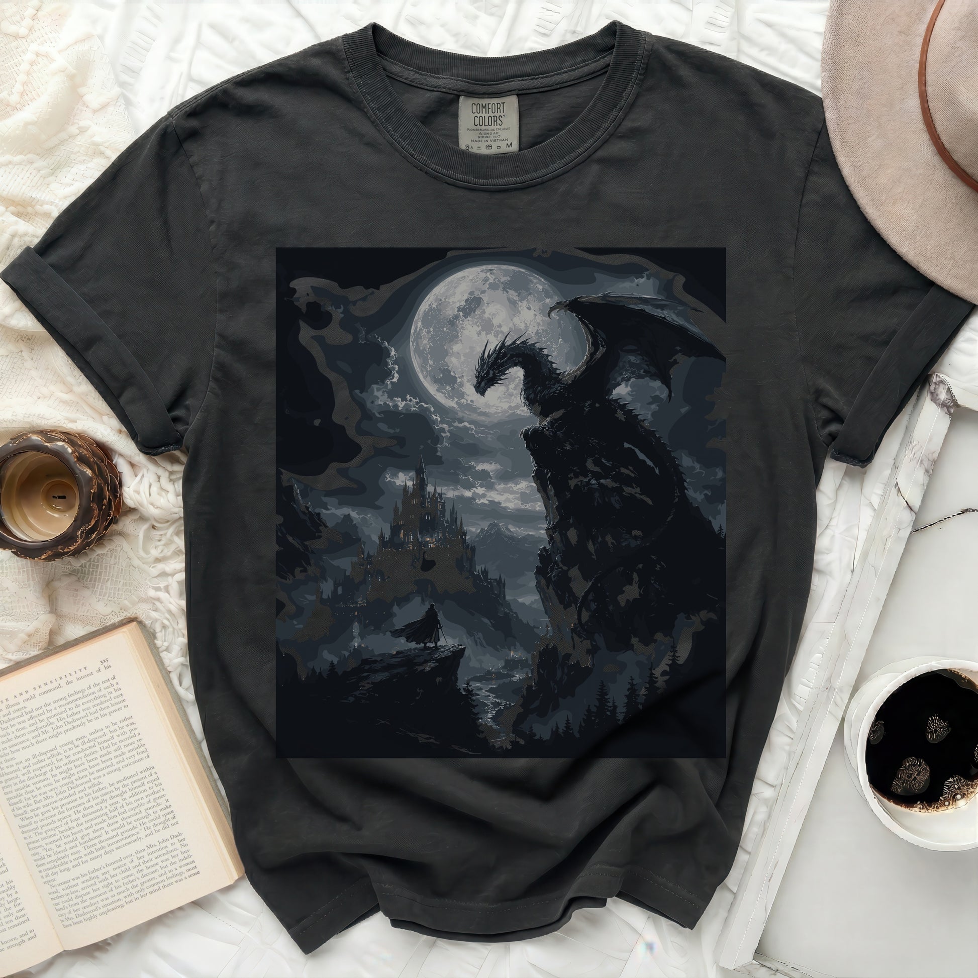 Charcoal t-shirt with a dark fantasy dragon design and moonlit castle.