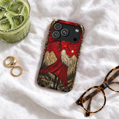 An iPhone case featuring a stained glass illustration of a woman in a red cape standing before mountains.