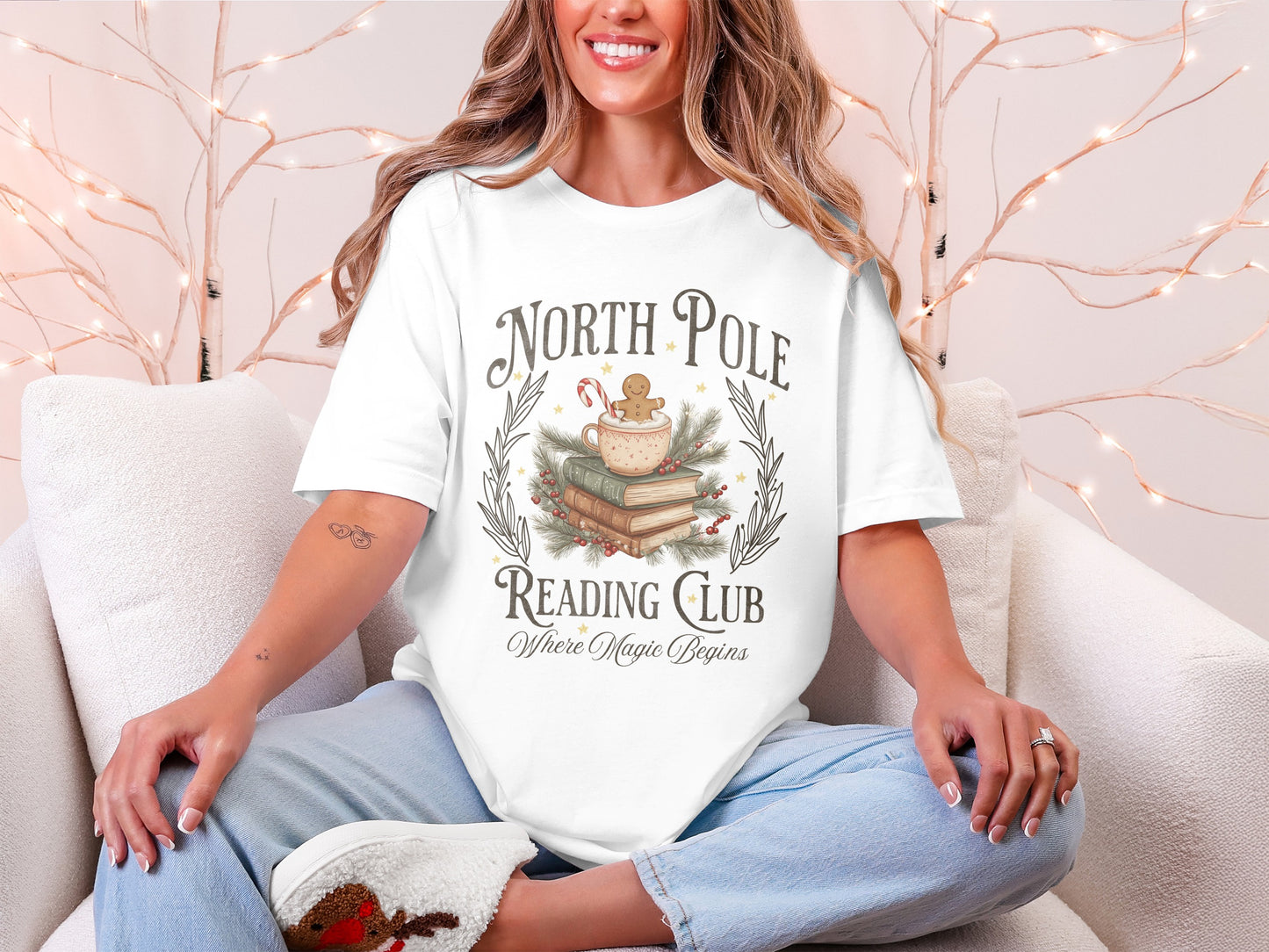 North Pole Reading Club Shirt with Cozy Winter Design
