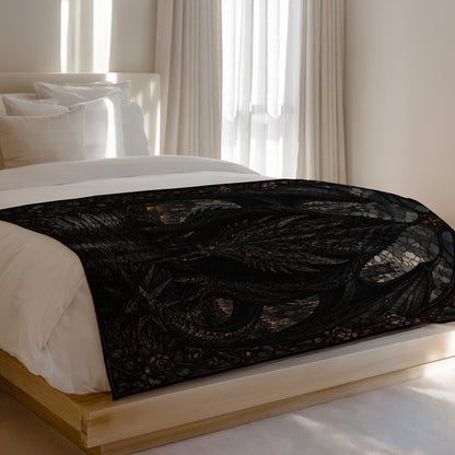 Dark detailed dragon artwork with roses on a black bed runner.