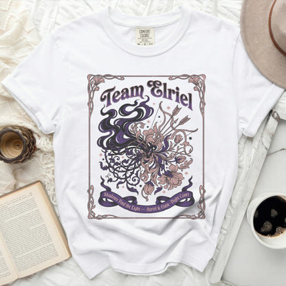 White t-shirt with "Team Elriel" and floral bow design.