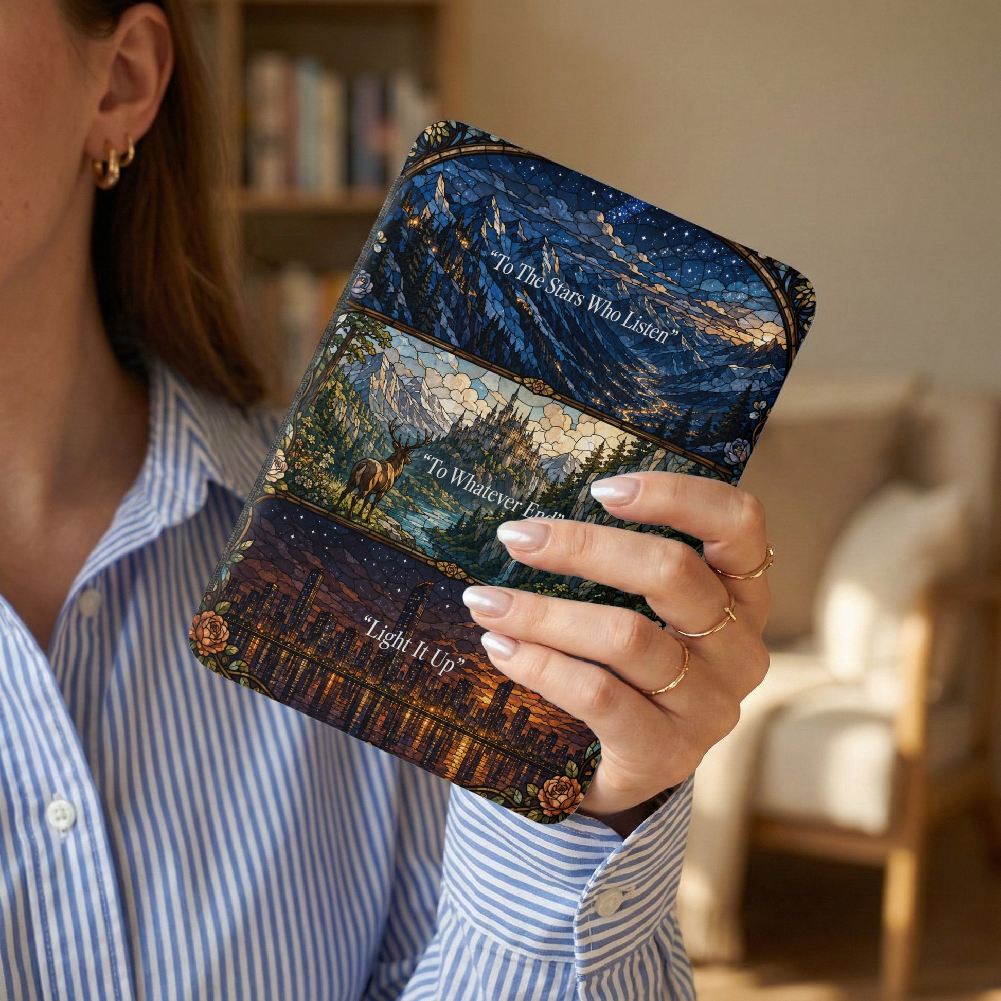 Book cover with stained glass art: mountains, castle, cityscapes, and quotes.