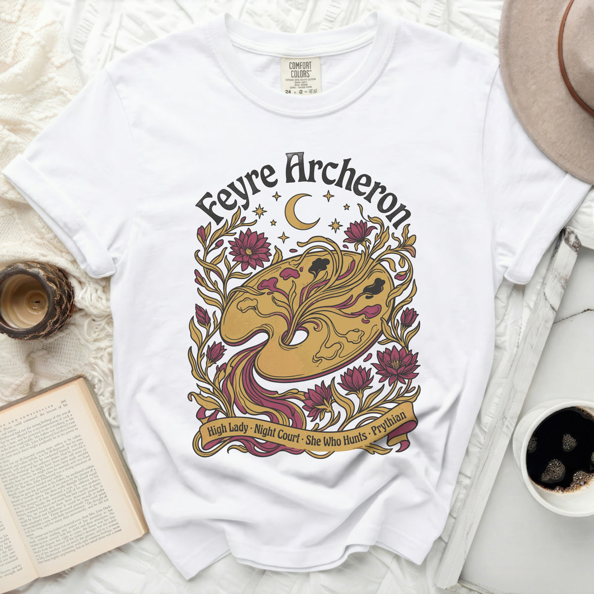 White t-shirt with Feyre Archon design, moon, stars, and floral accents.