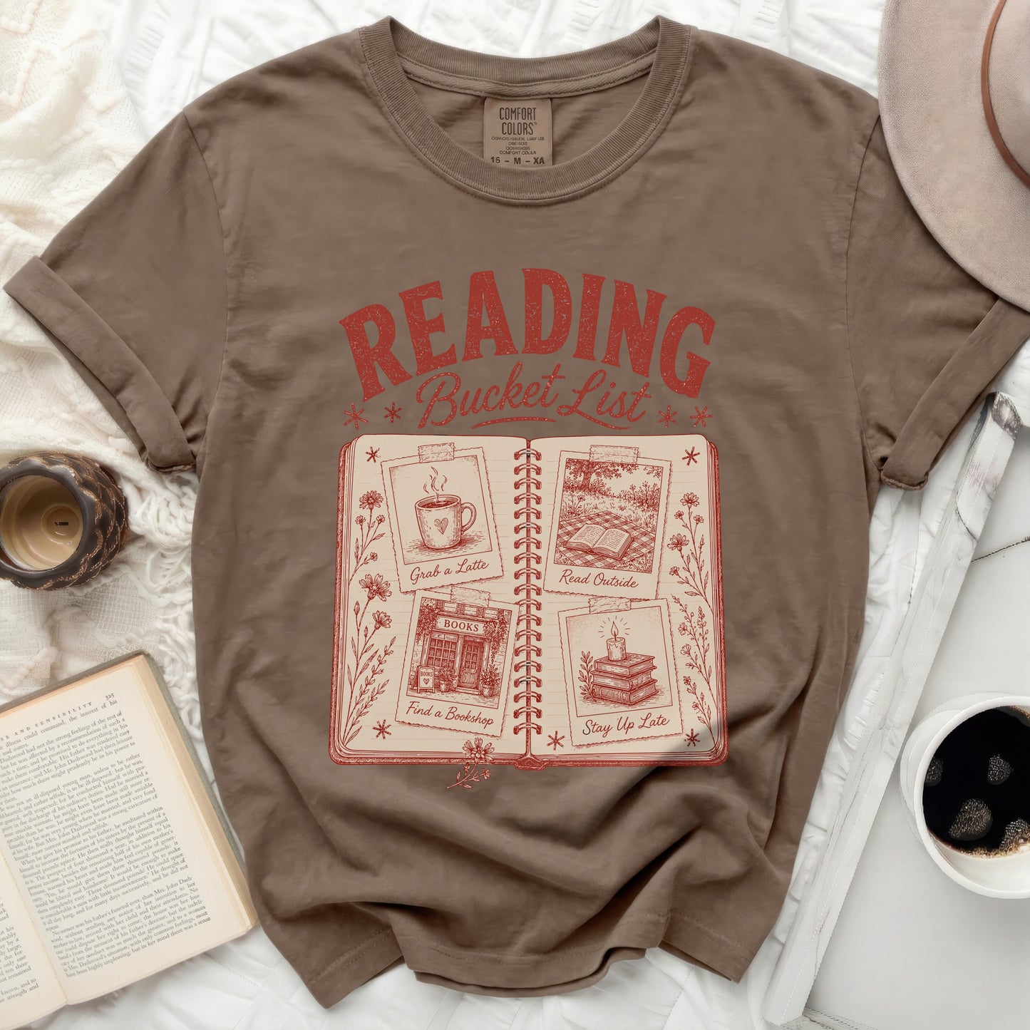 T-shirt with "Reading Bucket List" design and book-themed activities.