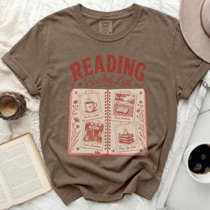 T-shirt with "Reading Bucket List" design and book-themed activities.
