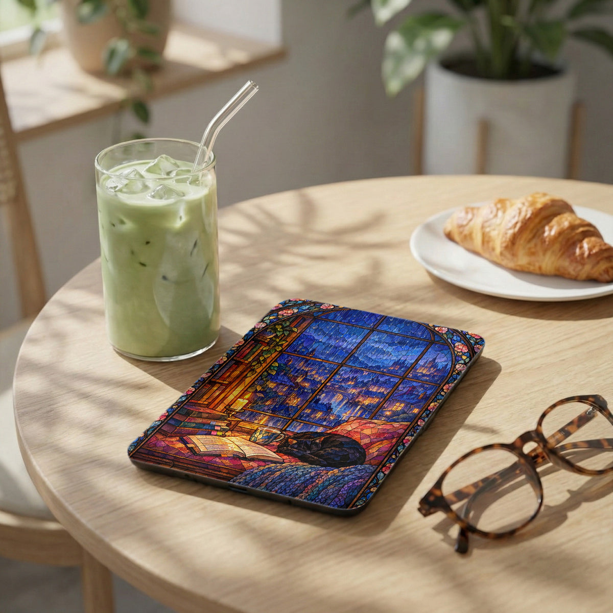 An e-reader with a stained glass art case lies on a wooden table beside a green drink and croissant.