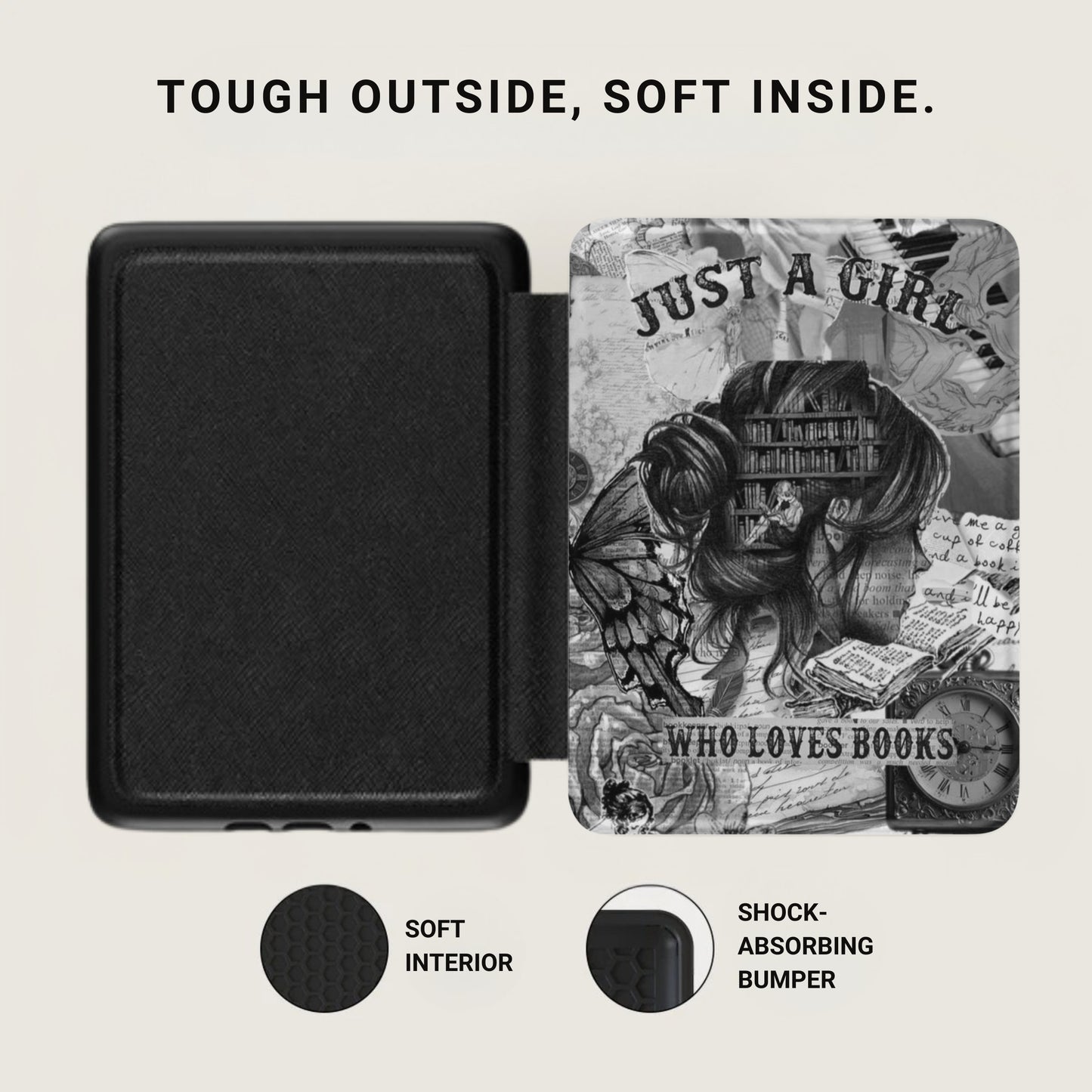 Black textured case with open artistic cover featuring a girl reading books and the words "Who Loves Books".