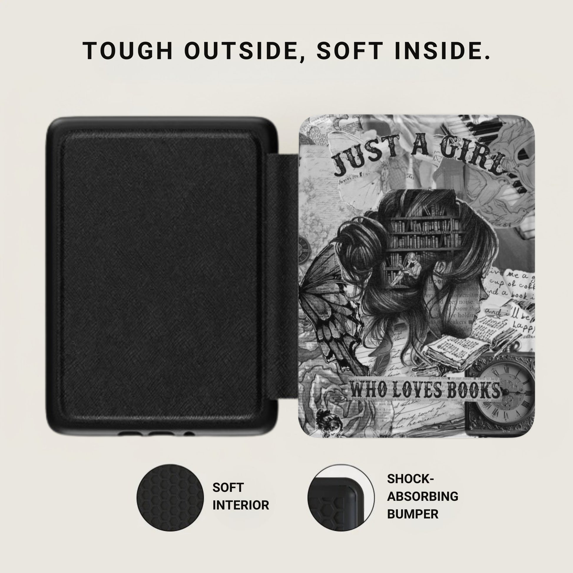 Black textured case with open artistic cover featuring a girl reading books and the words "Who Loves Books".