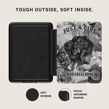 Black textured case with open artistic cover featuring a girl reading books and the words "Who Loves Books".