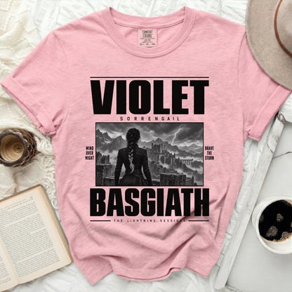 Pink t-shirt with "VIOLET SORRENGAIL BASGIATH THE LIGHTNING SESSIONS" text.