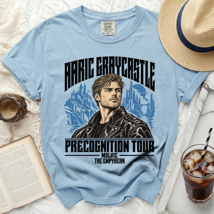 Light blue t-shirt with graphic of man, cityscape, and text "ARIC GRAYCASTLE PRECOGNITION TOUR".