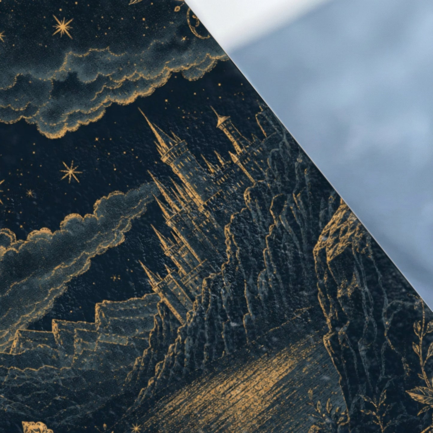 Dark blue and gold illustration of a castle on a rocky cliff under a starry night sky.