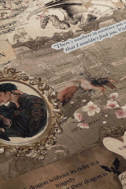 The image is a collage of various artistic elements, including a painting of a couple, a map, and a dragon. The collage is framed by an ornate border, and there is text present in the image.