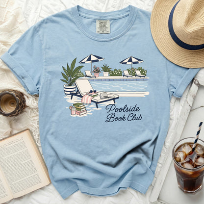 Light blue t-shirt with "Poolside Book Club" graphic of a pool scene.