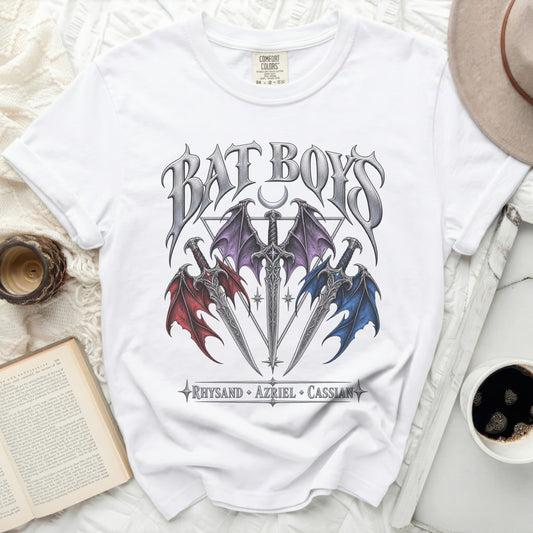White t-shirt with "BAT BOYS" text and three swords with dragon wings.