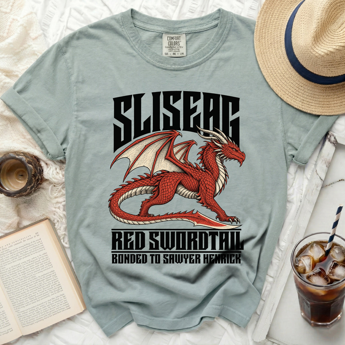 Grey t-shirt with red dragon graphic and text SLISEAR, RED SWORDTAIL, BONDED TO SAWYER HENRICK.