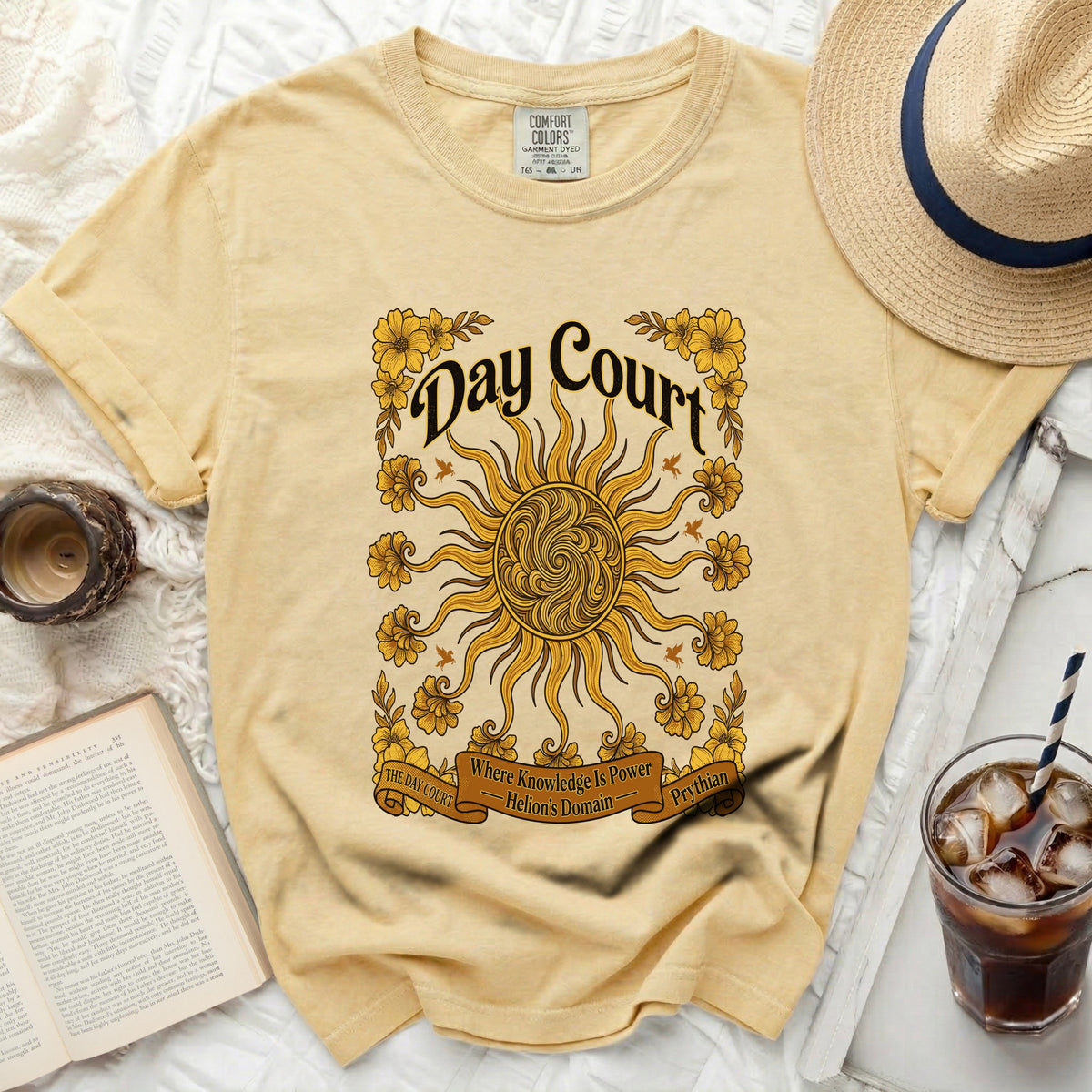 Yellow t-shirt with "Day Court Where Knowledge Is Power Helion's Domain Prythian" graphic.