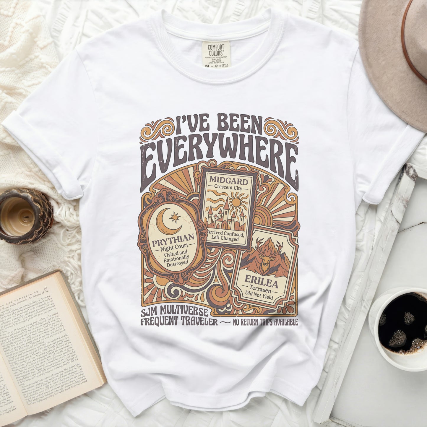 White t-shirt with "I've Been Everywhere" and fictional travel destinations.