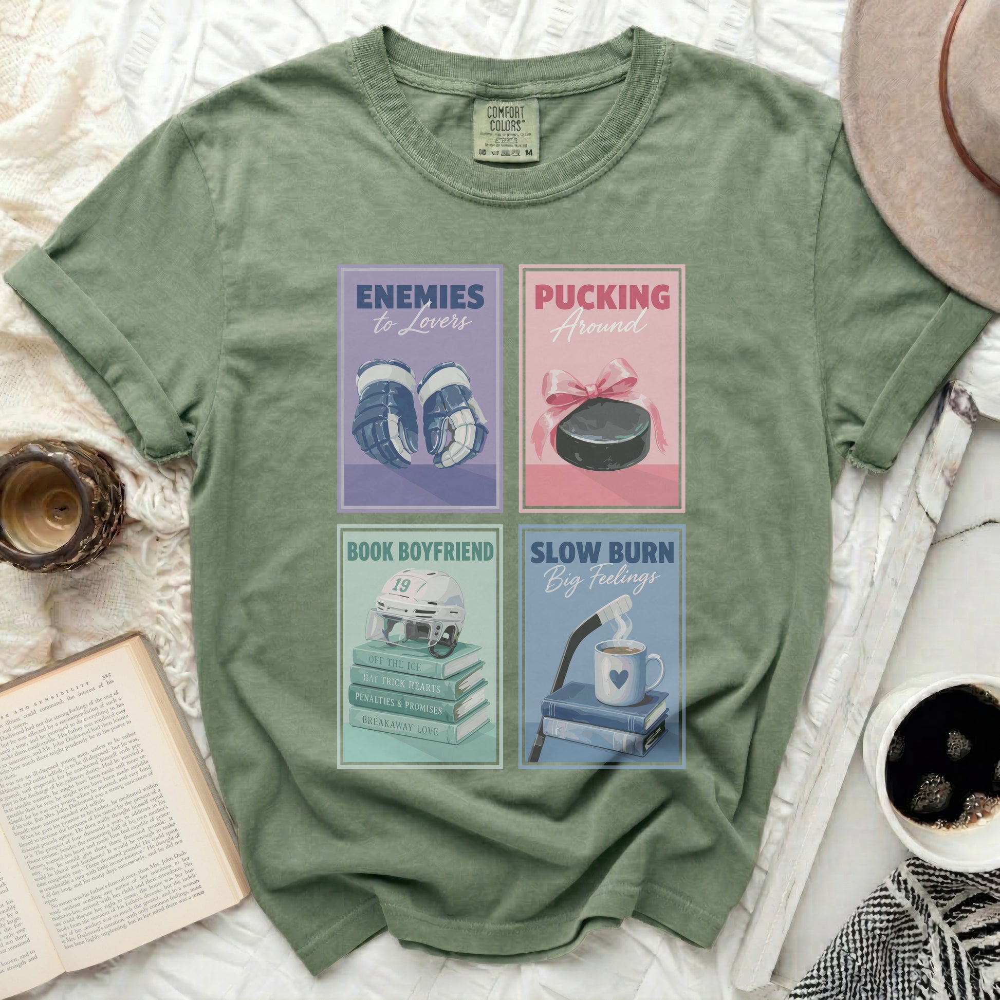 T-shirt with four book covers: hockey theme, romance novels.