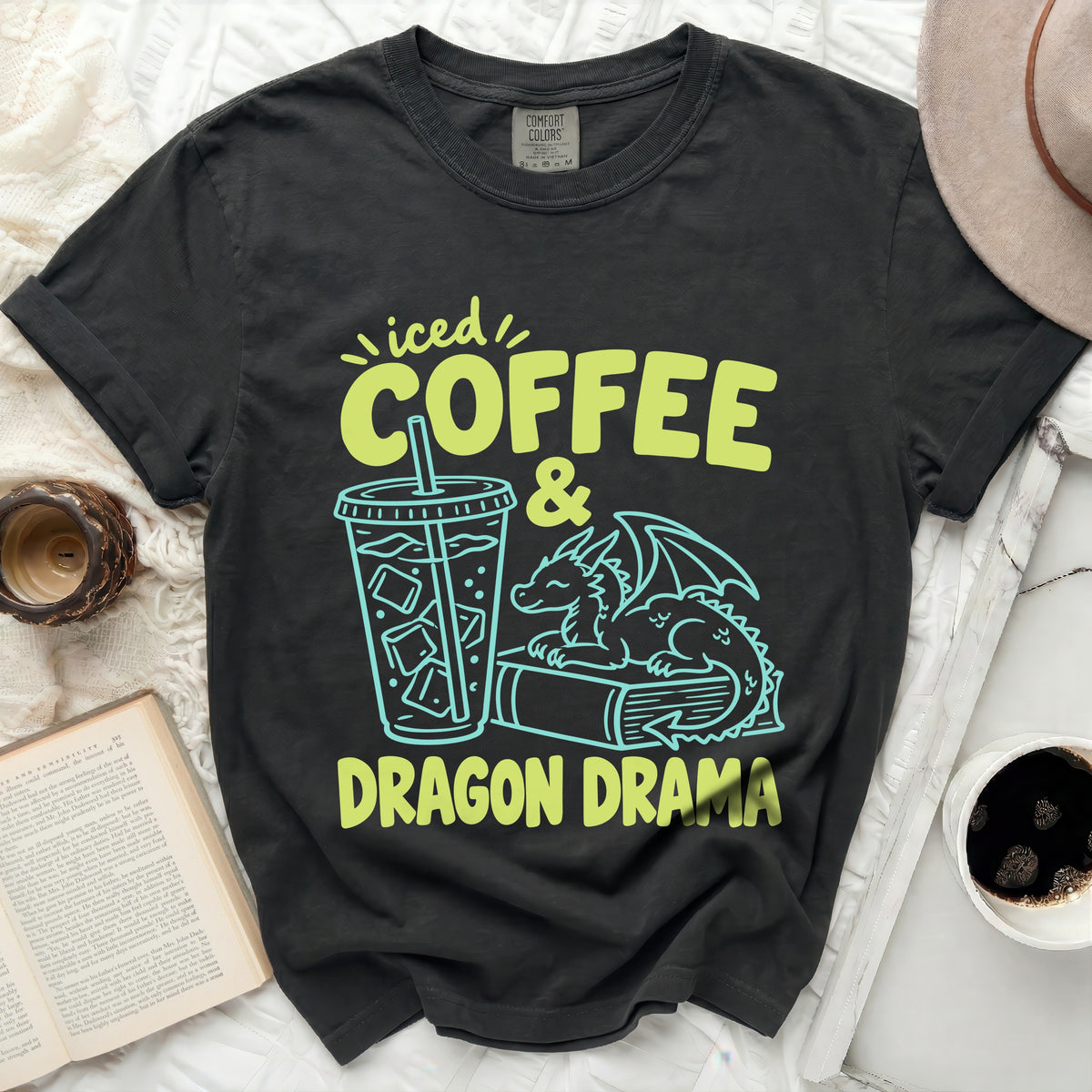 Comfort Colors t-shirt with "iced COFFEE & DRAGON DRAMA" graphic.