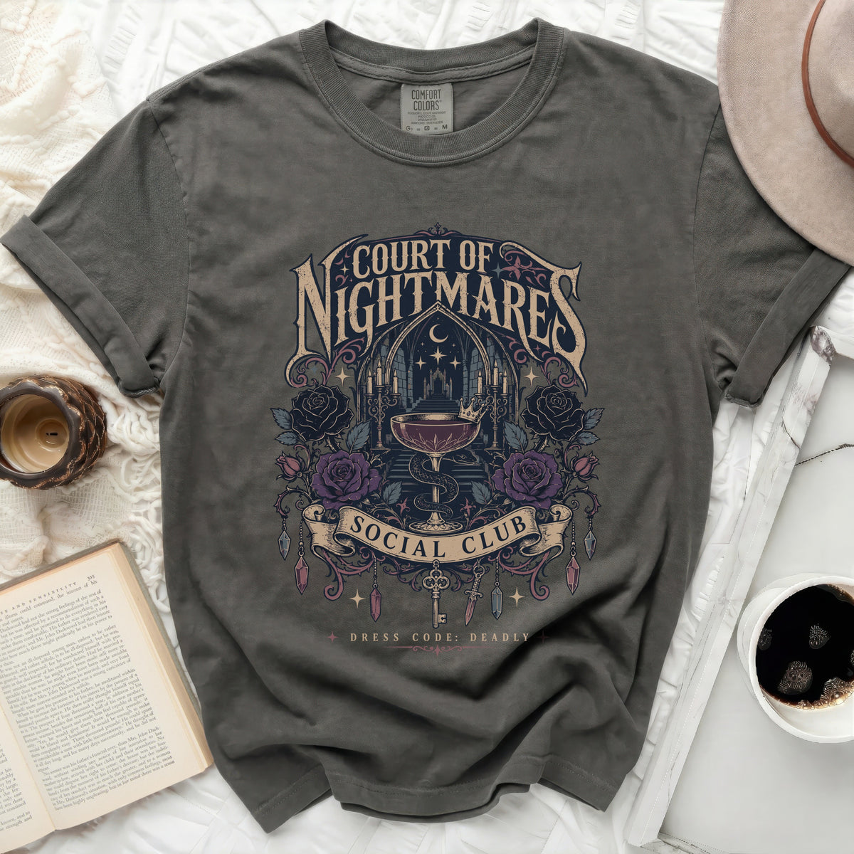 Court of Nightmares Social Club graphic t-shirt with dark floral and gothic design.