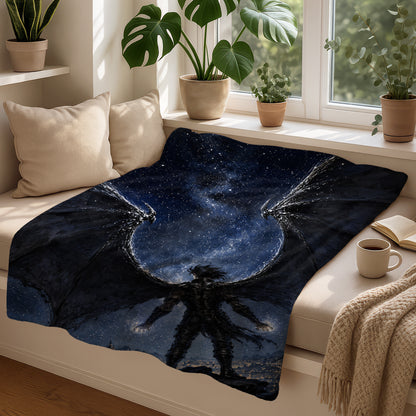 Blanket with a dark fantasy winged figure against a starry night sky.